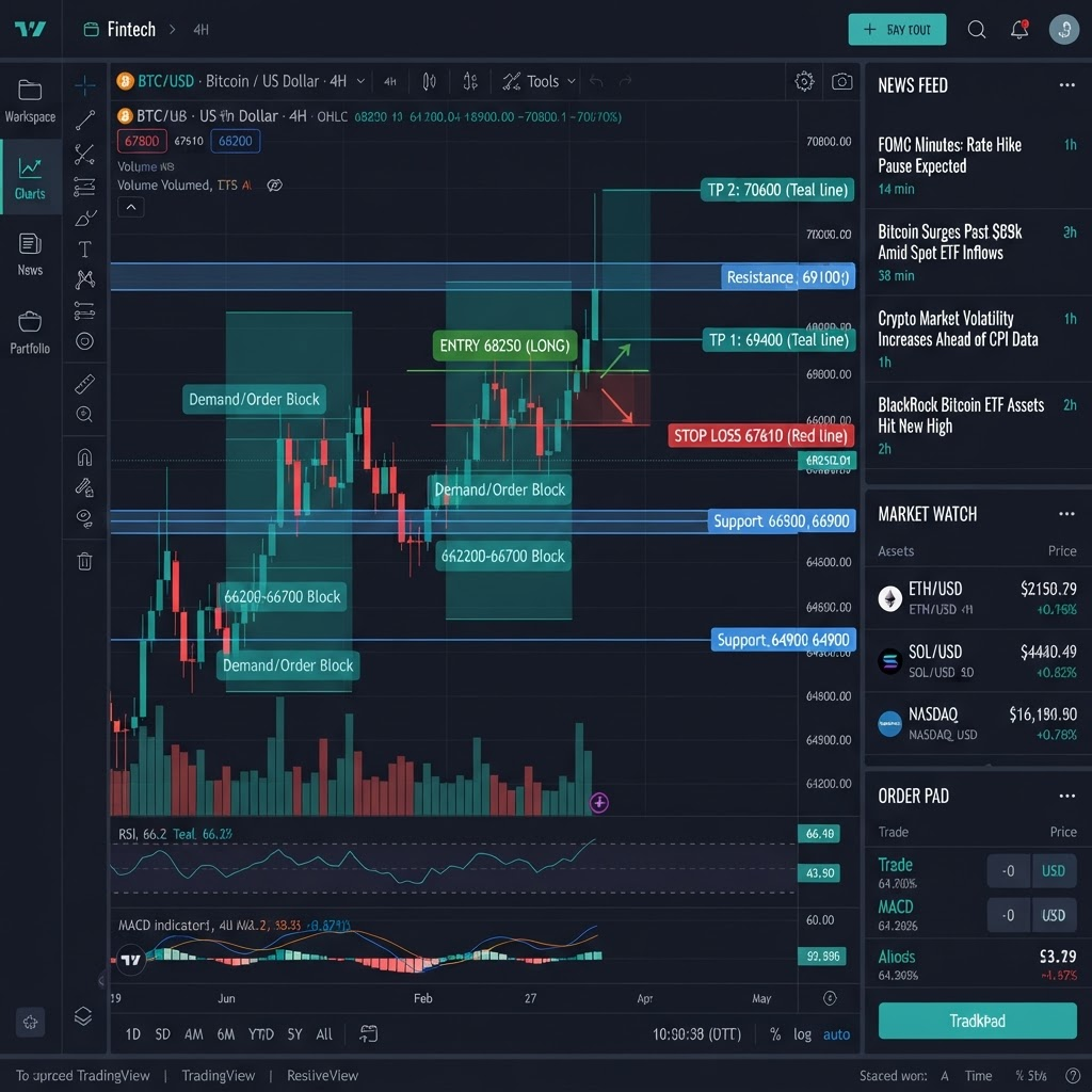 Dashboard de análisis técnico mostrando un gráfico de velas con order blocks y niveles de entrada